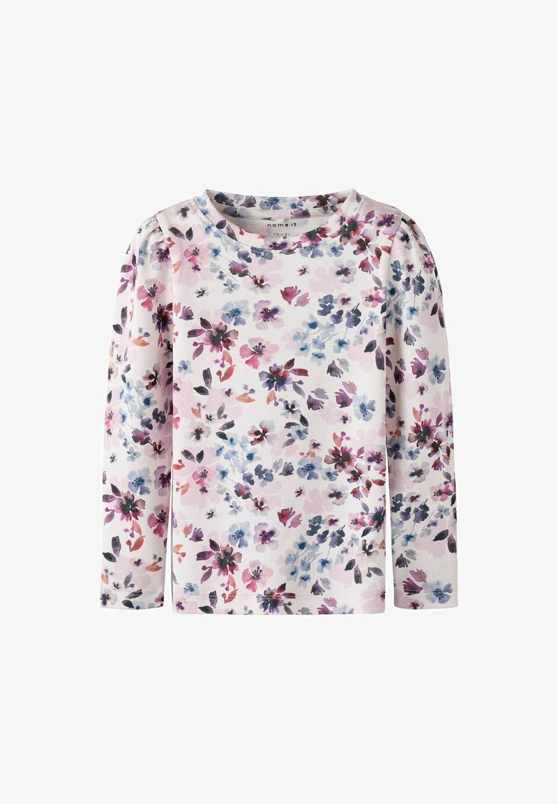 Camicia a maniche lunghe in cotone rosa chiaro con un motivo floreale in tonalità di viola, blu e corallo; scollatura rotonda e spalle arricciate.