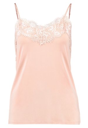 Perzikkleurige cami met verstelbare bandjes, voorzien van een kantafwerking langs de halslijn. Gladde stof, zachte textuur en een relaxed fit.