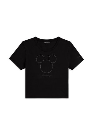 Camiseta negra de manga corta hecha de algodón; presenta un silueta de Mickey Mouse en strass y el texto "cumpleaños" en cursiva debajo del diseño.