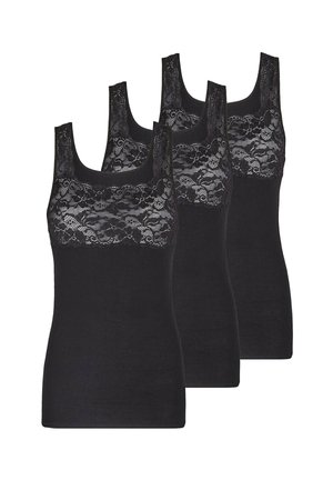 Drei schwarze Tanktops mit einem Spitzenbesatzdesign am Ausschnitt. Hergestellt aus weichem Stoff mit einer taillierten Passform und breiten Trägern.