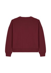 Bordeaux sweatshirt met een ronde halslijn, verlaagde schouders, lange mouwen, geribbelde manchetten en een effen textuur. Achteraanzicht weergegeven.
