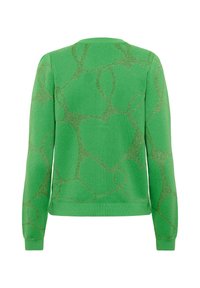 Pulover tricotat verde, cu un model abstract de inimă sclipitor, decolteu rotund și mâneci lungi cu un finisaj texturat.