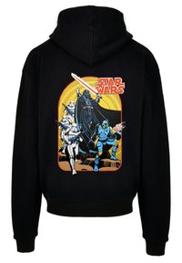 Black hoodie featuring a colorful Star Wars graphic print. Design includes Darth Vader, stormtroopers, and a blue character with a weapon.