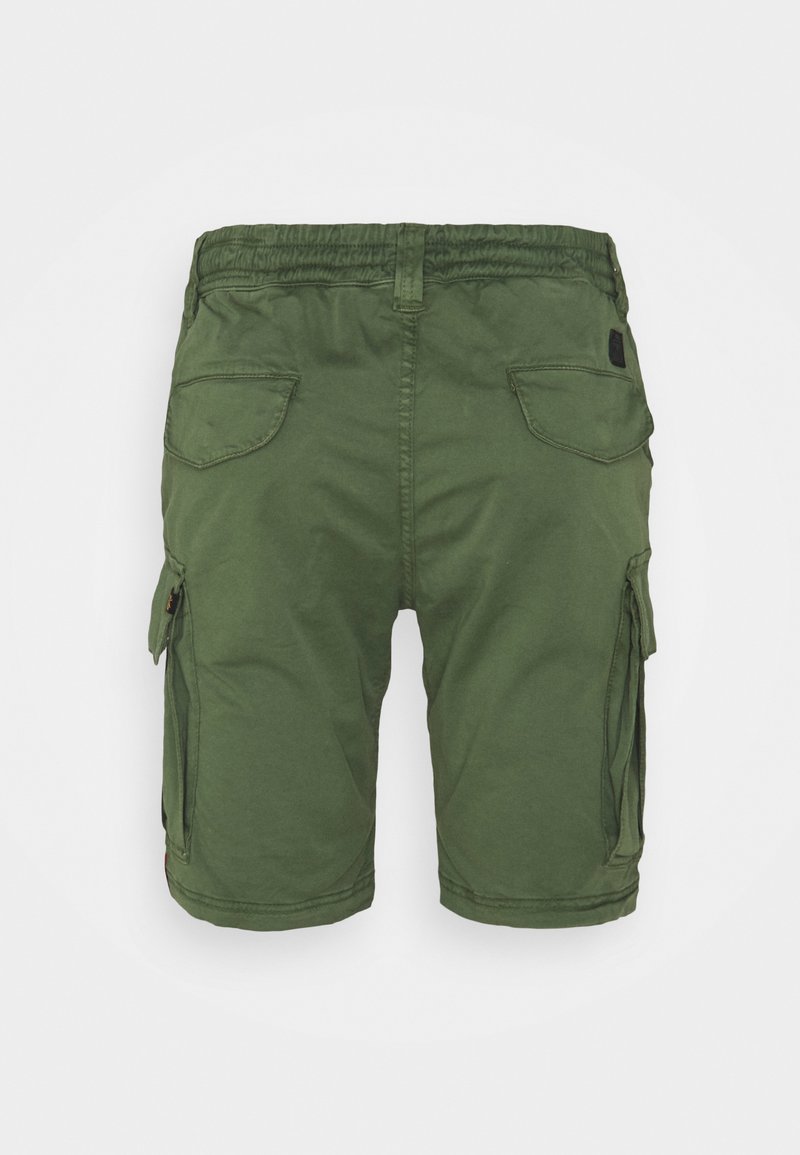 Grüne Cargo-Shorts mit elastischem Bund, zwei Gesäßtaschen und Seitentaschen, aus leichtem Material. Glatte Textur, lässiges Design.