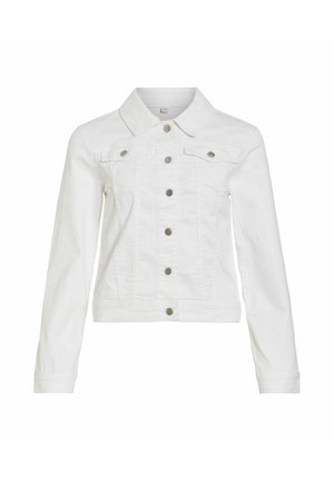 Valkoinen farkkutakki, jossa on pitkät hihat, napitettava edessä oleva sulkeminen ja kaksi nappikiinnitteistä rintataskua, esillä yksinkertaisella valkoisella taustalla.