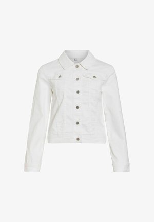 Hvit denimjakke med lange ermer, knappelukking foran og to brystlommer med knapper, vist på en enkel hvit bakgrunn.