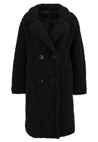 Černý, dvouřadý kabát vyrobený z texturovaného materiálu s nadýchaným vzhledem. Obsahuje velké černé knoflíky a klopový límec.