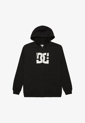 Sudadera negra con cremallera y logo blanco de DC. Cuenta con capucha con cordón, bolsillos frontales y puños de canalé. Fabricada con tejido suave.