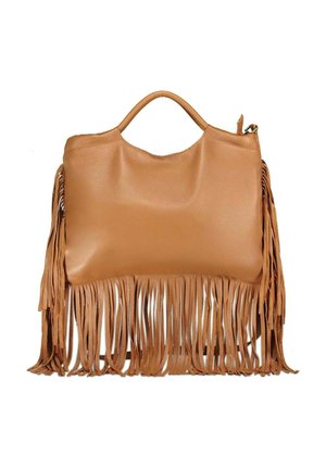 Sac à main en cuir marron clair avec des poignées courtes et de longs détails à franges suspendus sur les côtés et les bords inférieurs.