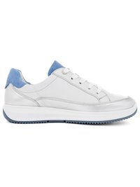White leather sneaker with light blue suede accents on heel and tongue, white laces, and a thick white sole with a blue outsole.