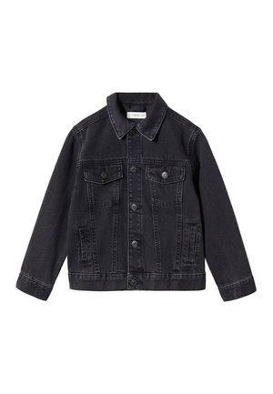 Schwarze Jeansjacke mit Knopfleiste, zwei Brustklappentaschen mit Knöpfen, seitlichen Einschubtaschen und klassischem Kragen.