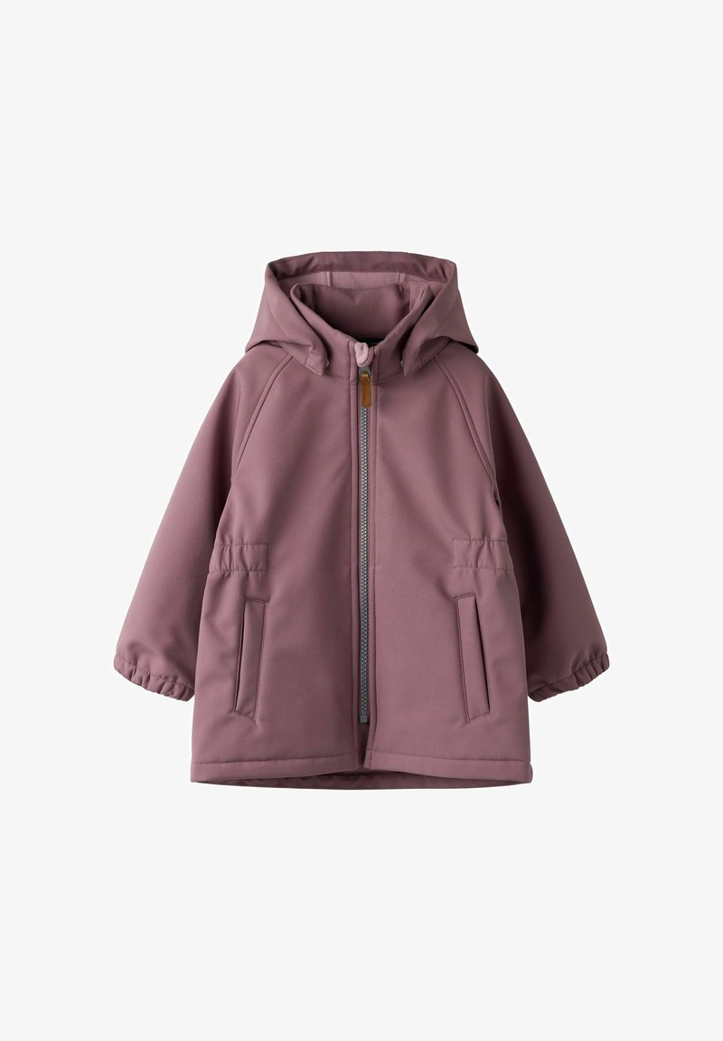 Veste softshell mauve à capuche pour enfants, avec fermeture éclair frontale et deux poches latérales, poignets élastiques et taille froncée.