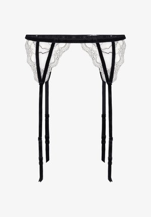 Schwarzer Strumpfhalter aus weichem Samt mit aufwendiger weißer Spitzenverzierung. Verfügt über verstellbare Riemen und Hakenverschlüsse für eine optimale Passform.