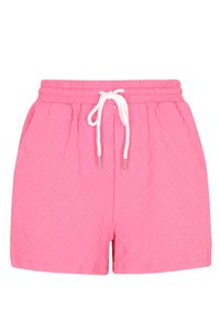 Shorts roz chiquetate cu talie elastică și șnur alb. Prezintă un model texturat și buzunare pe laterale.