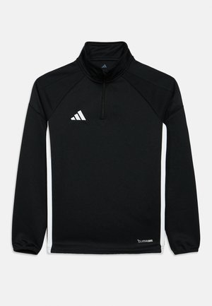 Czarna sportowa bluza z tkaniny odprowadzającej wilgoć, z półzamkiem przy kołnierzu, białymi akcentami oraz logo "CLIMACOOL" przy brzegu.