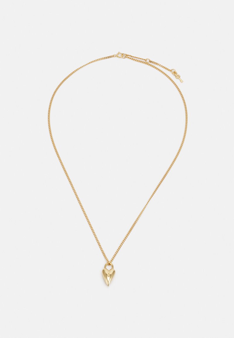 Zelta ķēde ar sirds formas piekariņu, gluda tekstūra, ar smalku spīdumu un drošu aizdari. Vienkāršs un elegants dizains.