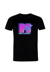 Černé bavlněné tričko s velkým neonově růžovým a modrým logem "MTV" a textem "MUSIC TELEVISION" pod ním. Klasický design s kulatým výstřihem.