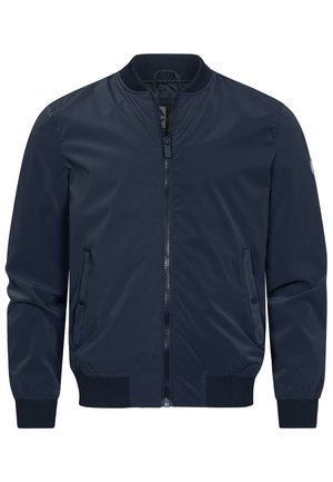 Navy blue bomber jacket made of sleek, lightweight material with a front zipper, ribbed cuffs, and two side pockets.