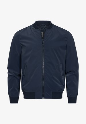 Veste bomber bleu marine en matériau léger et lisse, avec fermeture éclair à l'avant, finitions côtelées aux poignets et deux poches latérales.