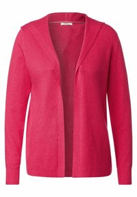 Roze cardigan met geribbelde textuur, open voorkant en capuchon ontwerp. Lange mouwen. Zacht materiaal met een gladde afwerking. Geen sluitingen.