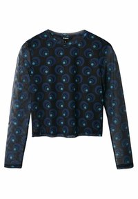 Top in mesh nero a maniche lunghe con motivi circolari blu e verdi, collo tondo e design corto. Tessuto leggero e semitrasparente.