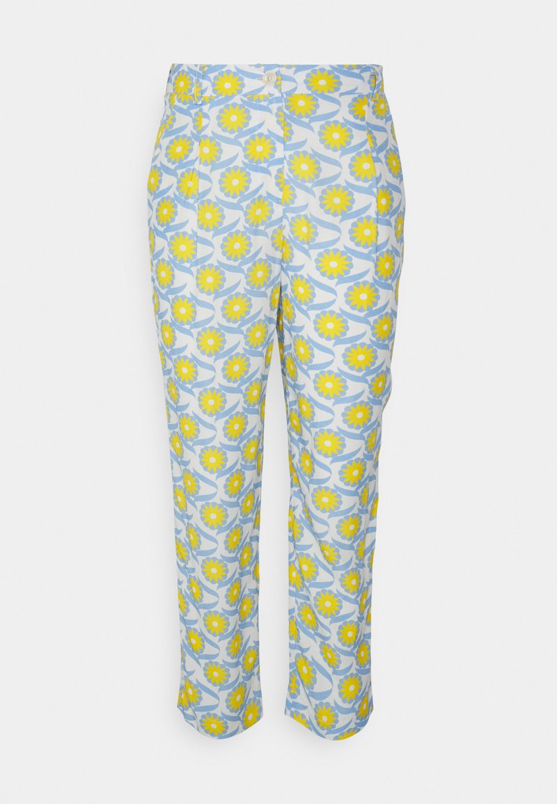 Calças florais azul claro com margaridas amarelas e folhas verdes. Apresentam um fecho de botão, design de perna reta e textura de tecido suave.