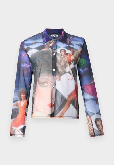 Sheer button-up shirt featuring a colorful photographic print of people in dynamic poses, with a classic collar and long sleeves.