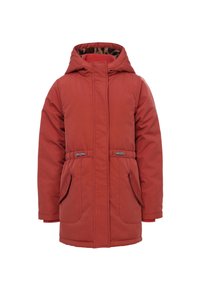 Rode gewatteerde jas met capuchon, twee voorzakken, details van een versmalde taille en een gepatterneerde binnenvoering. Beschikt over een gladde textuur en een rechte snit.