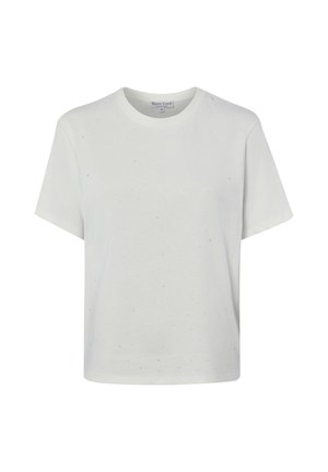 Weißes T-Shirt mit kurzen Ärmeln, rundem Ausschnitt und dezenten kleinen silbernen Punkten, die über den Stoff verteilt sind.