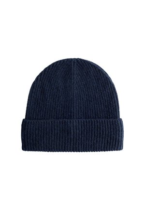 Navy blue knitted beanie hat with ribbed texture, fold-over cuff, and rounded top. Made from warm, soft wool blend material.