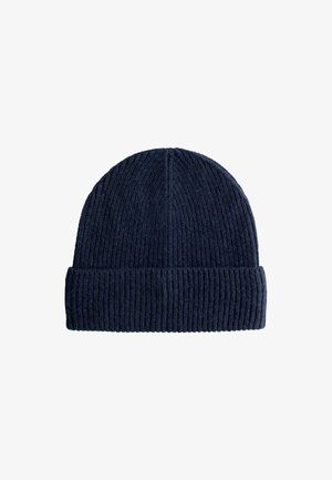 Navy blue knitted beanie hat with ribbed texture, fold-over cuff, and rounded top. Made from warm, soft wool blend material.