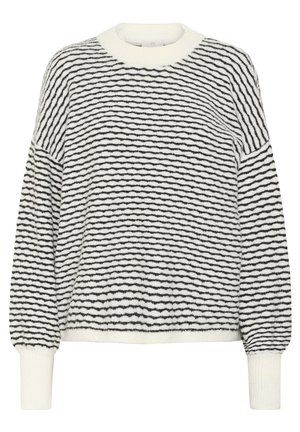 Svart og hvit stripete strikkegenser med avslappet passform, ribbestrikket rund hals og elastiske mansjetter, laget av et mykt, strukturert stoff.