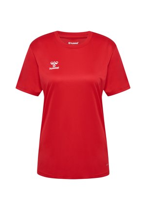 Rød sportstrøje lavet af glat stof, med rund halsudskæring og korte ærmer. Et hvidt logo vises på den øverste venstre side.