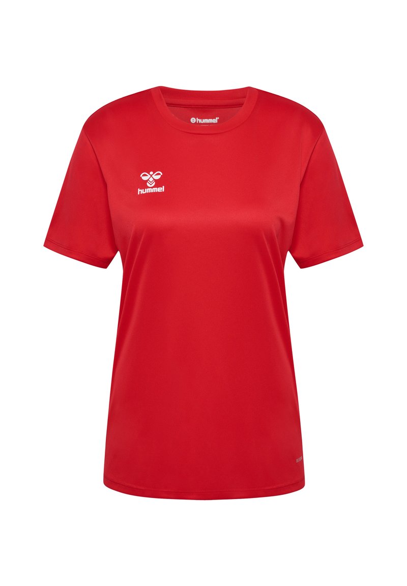 Rød sportstrøje lavet af glat stof, med rund halsudskæring og korte ærmer. Et hvidt logo vises på den øverste venstre side.