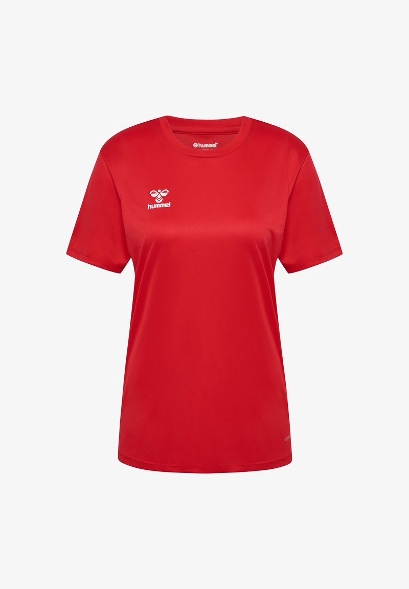 Rode sportshirt van gladde stof, met een ronde hals en korte mouwen. Een wit logo is zichtbaar op de bovenlinkerkant.