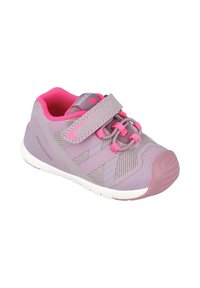 Scarpa sportiva viola con tomaia in rete, dettagli rosa e una fascetta con velcro. Presenta una suola in gomma bianca flessibile con dettagli testurizzati.