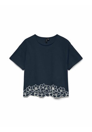 Blusa a maniche corte blu navy con scollo rotondo e ricamo in pizzo floreale bianco lungo l'orlo inferiore.