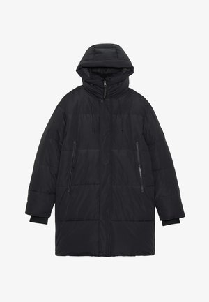 Gevoerde zwarte hoodie-jack met een ritssluiting aan de voorkant, elastische manchetten en twee voorzakken met rits. Kenmerkt zich door horizontale stiksels voor textuur.