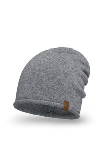 Grå strikket hue med ribbet tekstur, slouchy design og et brunt lædermærke. Blødt materiale med en foldet kant og en blid slouch.