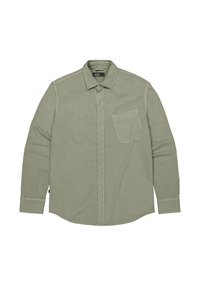 Lichtgroen overhemd met lange mouwen, gemaakt van zacht materiaal; beschikt over een borstzak en contrasterende stiksels op de schouders.