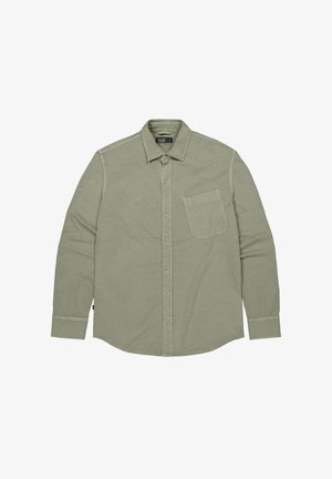 Lichtgroen overhemd met lange mouwen, gemaakt van zacht materiaal; beschikt over een borstzak en contrasterende stiksels op de schouders.