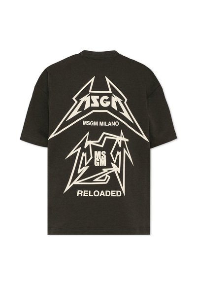 Czarny bawełniany t-shirt z dużymi białymi grafikami na plecach, z napisem „MSGM” i „RELOADED” w kanciastej, pogrubionej typografii. Krótkie rękawy, okrągły dekolt.