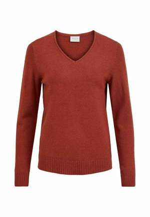 Rudā krāsā V-veida kakla džemperis, izgatavots no mīksta materiāla, ar garām piedurknēm un ribotām malām, nodrošinot pieguļošu siluetu.