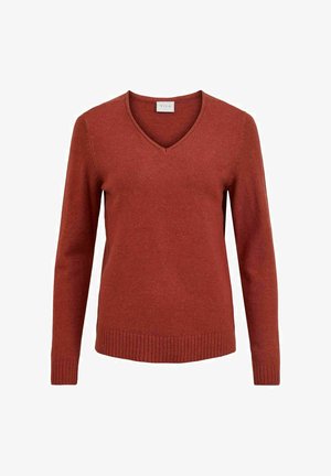 Sweter w kolorze rdzy o dekolcie w serek, wykonany z miękkiego materiału, z długimi rękawami i prążkowanym wykończeniem, które nadaje mu dopasowany wygląd.