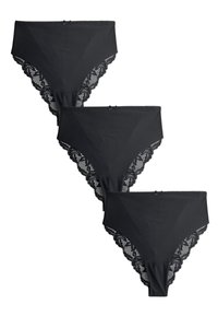 Culotte taille haute noire avec bordure en dentelle, présentant un bord festonné détaillé et un petit nœud décoratif à la ceinture. Ensemble de trois pièces.