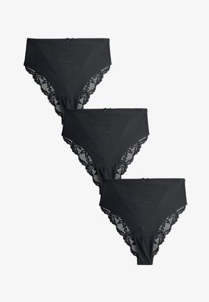 Sorte højtaljede trusser med blonderkant, der har en detaljeret bølget kant og en lille sløjfe på linningen. Sæt med tre dele.