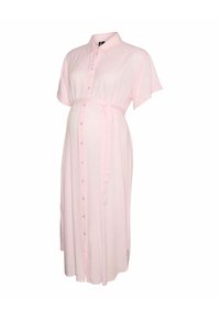 Robe de maternité rose clair, à manches courtes, devant boutonné, ceinture à la taille, en tissu doux, longueur genoux, avec fentes sur les côtés.