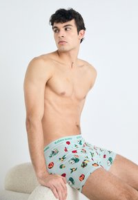 Lyseblå boksershorts med et fargerikt mønster av frukt og blomster, med en grønn elastisk midje som er trykket med "BJÖRN BORG."