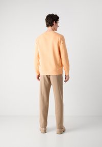 Orange sweatshirt featuring ribbed cuffs and hem, paired with beige trousers and light shoes, viewed from the back against a plain background.