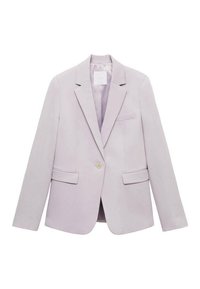 Blazer lavande clair avec une coupe ajustée, fermeture par un bouton unique, deux poches avant, et un col à revers cranté. Texture lisse.